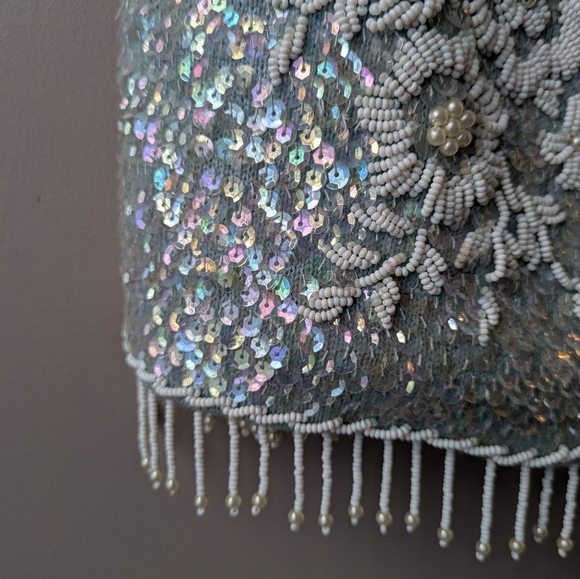 Vintage Regalia Imports Sequin Tank White Floral Beads on Blue Wool L - Picture 12 of 16